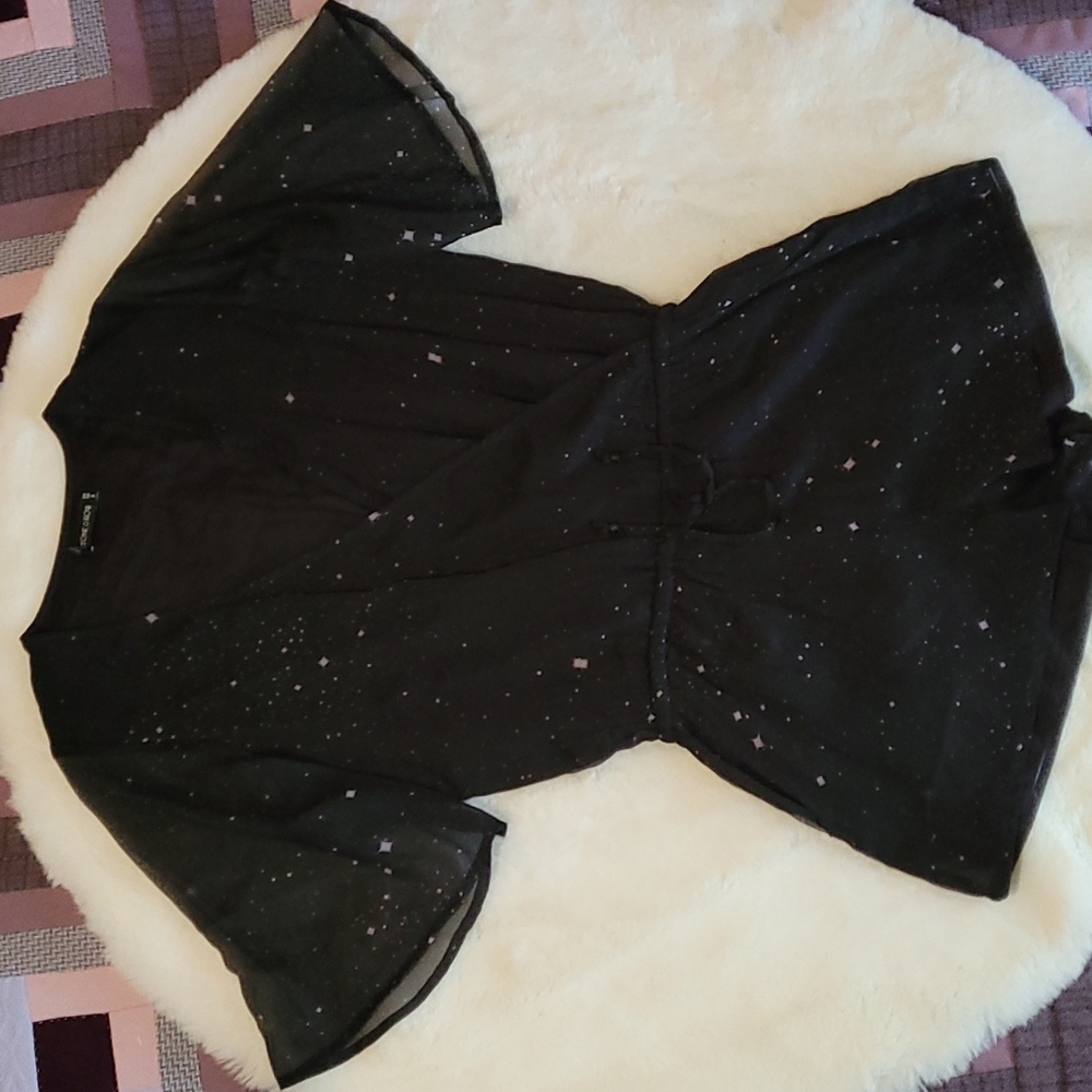 Stone Row Black Starry Constellation Sheer Sleeve Feminine Summer Romper